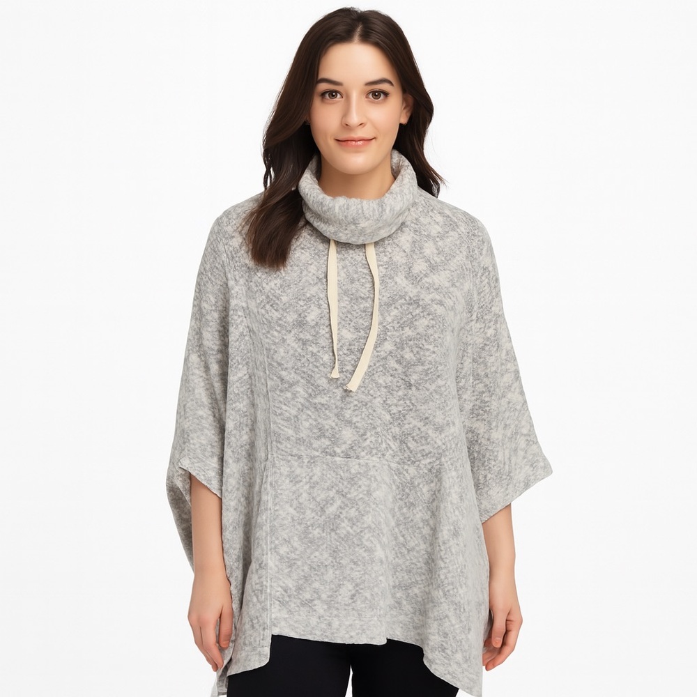 Lou & Grey Heathered Gray and White Knit Cowl Neck Sweater Cape Poncho